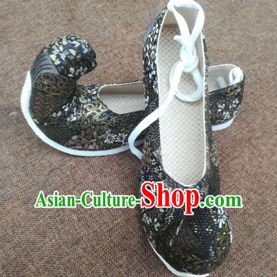 China Traditional Tang Dynasty Princess Shoes Wedding Black Satin Shoes Handmade Hanfu Shoes