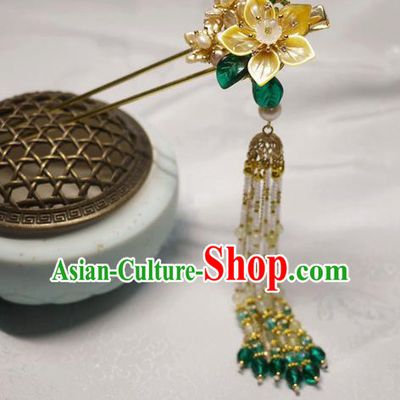 China Traditional Ming Dynasty Shell Jasminum Hairpin Handmade Ancient Princess Beads Tassel Hair Stick