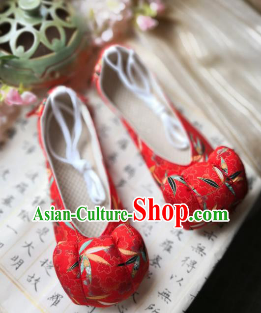China Handmade Red Cloth Shoes Ancient Princess Shoes Traditional Song Dynasty Bamboo Pattern Shoes China Handmade Red Cloth Shoes Ancient Princess Shoes Traditional Song Dynasty Bamboo Pattern Shoes