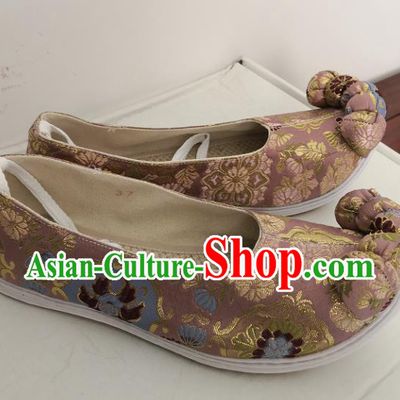 China Classical Chrysanthemum Pattern Pink Brocade Shoes Traditional Song Dynasty Hanfu Shoes Handmade Ancient Princess Satin Shoes