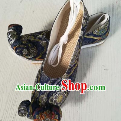 China Traditional Song Dynasty Hanfu Shoes Ancient Princess Shoes Classical Navy Brocade Shoes