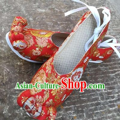 China Traditional Song Dynasty Wedding Brocade Shoes Handmade Ancient Princess Shoes Red Satin Shoes