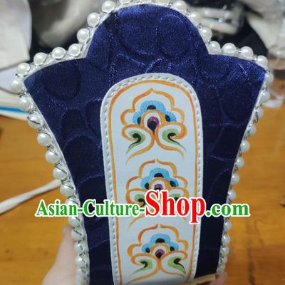 Chinese Handmade Han Dynasty Emperor Royalblue Brocade Shoes Traditional Hanfu Pearls Shoes