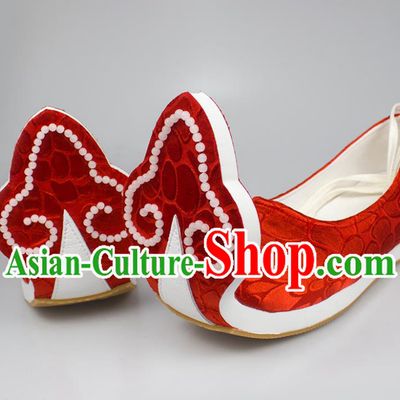 China Traditional Tang Dynasty Princess Shoes Classical Wedding Red Brocade Shoes Hanfu Beads Shoes