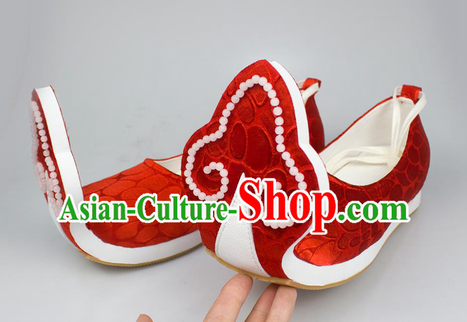China Traditional Tang Dynasty Princess Shoes Classical Wedding Red Brocade Shoes Hanfu Beads Shoes China Traditional Tang Dynasty Princess Shoes Classical Wedding Red Brocade Shoes Hanfu Beads Shoes