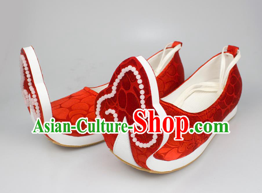 China Traditional Tang Dynasty Princess Shoes Classical Wedding Red Brocade Shoes Hanfu Beads Shoes China Traditional Tang Dynasty Princess Shoes Classical Wedding Red Brocade Shoes Hanfu Beads Shoes