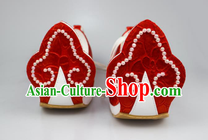 China Traditional Tang Dynasty Princess Shoes Classical Wedding Red Brocade Shoes Hanfu Beads Shoes China Traditional Tang Dynasty Princess Shoes Classical Wedding Red Brocade Shoes Hanfu Beads Shoes