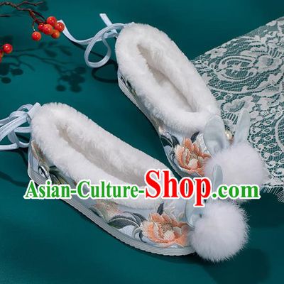 China Ming Dynasty Princess Shoes Classical Blue Brocade Shoes Traditional Embroidered Hanfu Shoes
