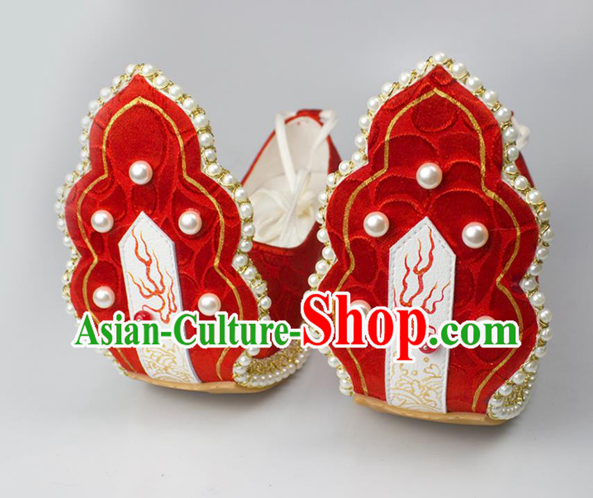 China Tang Dynasty Princess Shoes Classical Red Brocade Shoes Traditional Wedding Hanfu Pearls Shoes China Tang Dynasty Princess Shoes Classical Red Brocade Shoes Traditional Wedding Hanfu Pearls Shoes