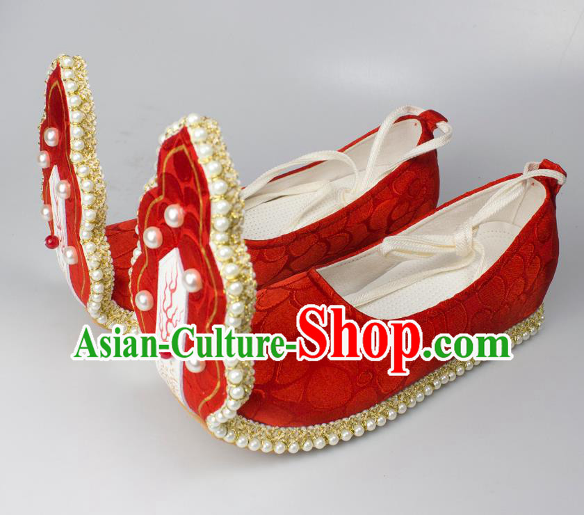 China Tang Dynasty Princess Shoes Classical Red Brocade Shoes Traditional Wedding Hanfu Pearls Shoes China Tang Dynasty Princess Shoes Classical Red Brocade Shoes Traditional Wedding Hanfu Pearls Shoes
