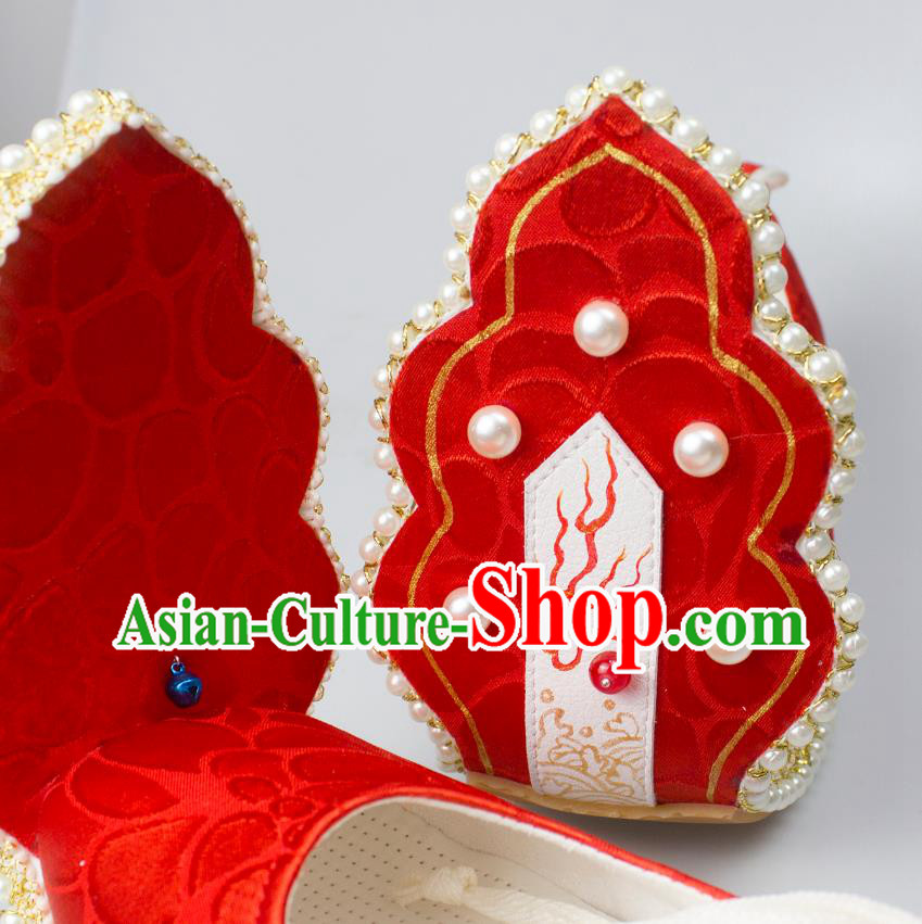 China Tang Dynasty Princess Shoes Classical Red Brocade Shoes Traditional Wedding Hanfu Pearls Shoes China Tang Dynasty Princess Shoes Classical Red Brocade Shoes Traditional Wedding Hanfu Pearls Shoes