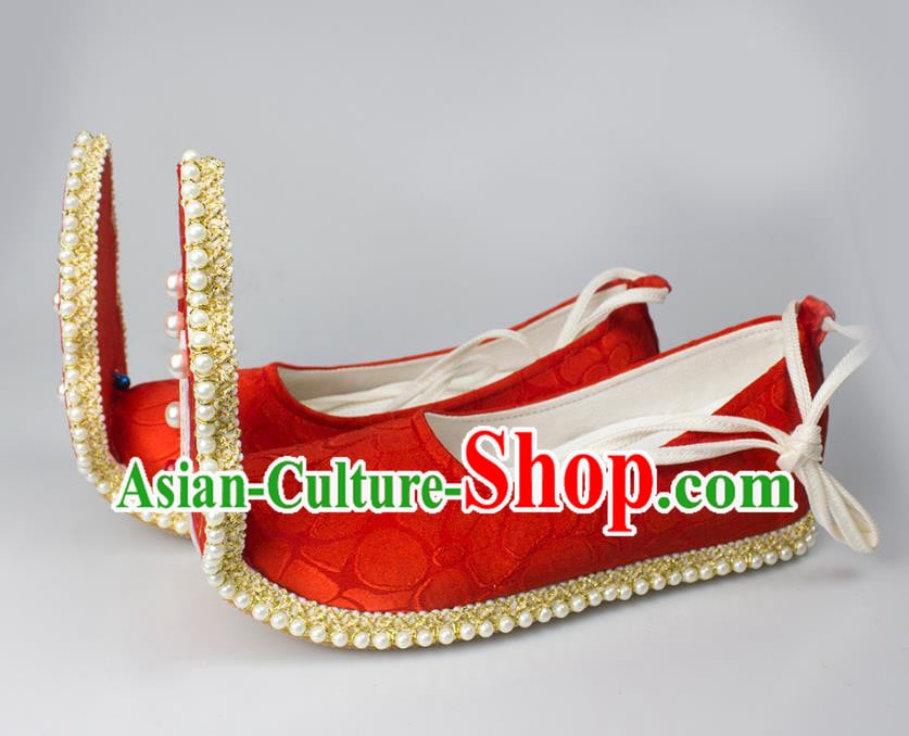 China Tang Dynasty Princess Shoes Classical Red Brocade Shoes Traditional Wedding Hanfu Pearls Shoes China Tang Dynasty Princess Shoes Classical Red Brocade Shoes Traditional Wedding Hanfu Pearls Shoes