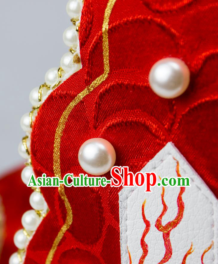 China Tang Dynasty Princess Shoes Classical Red Brocade Shoes Traditional Wedding Hanfu Pearls Shoes China Tang Dynasty Princess Shoes Classical Red Brocade Shoes Traditional Wedding Hanfu Pearls Shoes