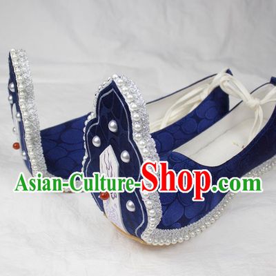 China Classical Royalblue Brocade Shoes Traditional Wedding Hanfu Pearls Shoes Tang Dynasty Princess Shoes