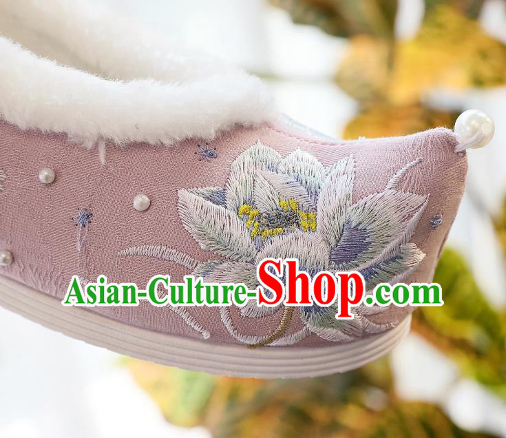 China Traditional Winter Pink Cloth Shoes Hanfu Shoes Classical Embroidered Lotus Shoes China Traditional Winter Pink Cloth Shoes Hanfu Shoes Classical Embroidered Lotus Shoes
