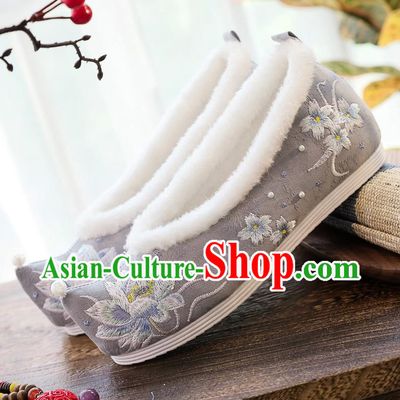China Hanfu Shoes Classical Embroidered Lotus Shoes Traditional Winter Grey Cloth Shoes