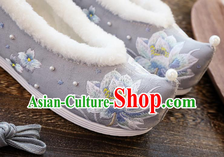 China Hanfu Shoes Classical Embroidered Lotus Shoes Traditional Winter Grey Cloth Shoes China Hanfu Shoes Classical Embroidered Lotus Shoes Traditional Winter Grey Cloth Shoes