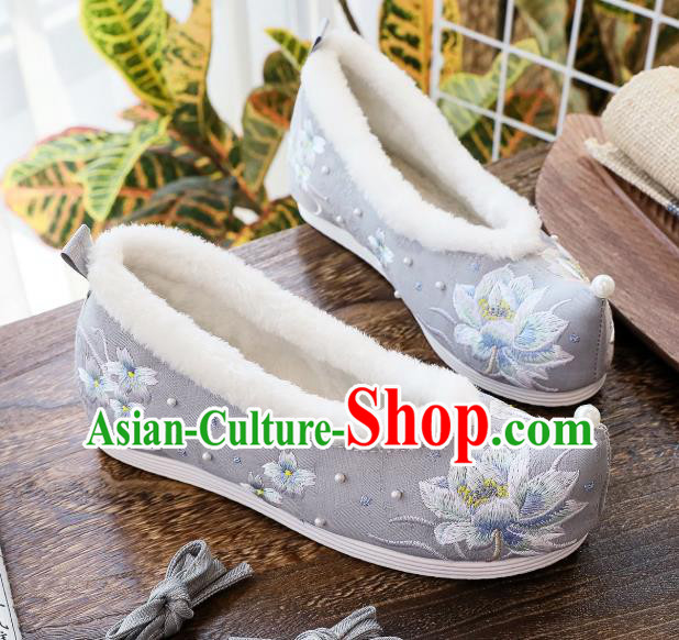 China Hanfu Shoes Classical Embroidered Lotus Shoes Traditional Winter Grey Cloth Shoes China Hanfu Shoes Classical Embroidered Lotus Shoes Traditional Winter Grey Cloth Shoes