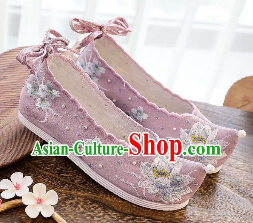 China Traditional Pink Cloth Shoes Classical Embroidered Lotus Shoes Hanfu Bow Shoes China Traditional Pink Cloth Shoes Classical Embroidered Lotus Shoes Hanfu Bow Shoes