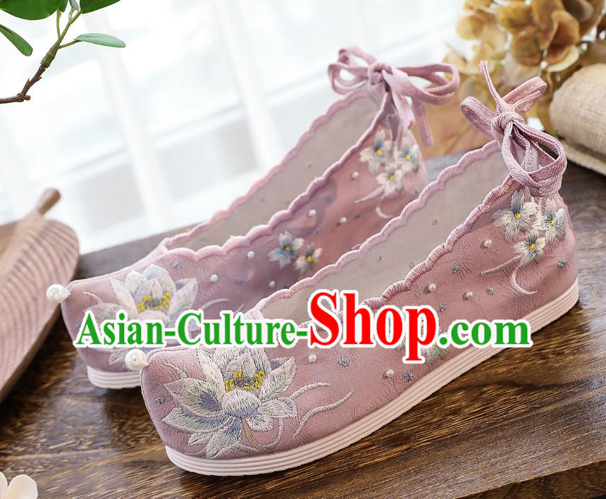 China Traditional Pink Cloth Shoes Classical Embroidered Lotus Shoes Hanfu Bow Shoes China Traditional Pink Cloth Shoes Classical Embroidered Lotus Shoes Hanfu Bow Shoes