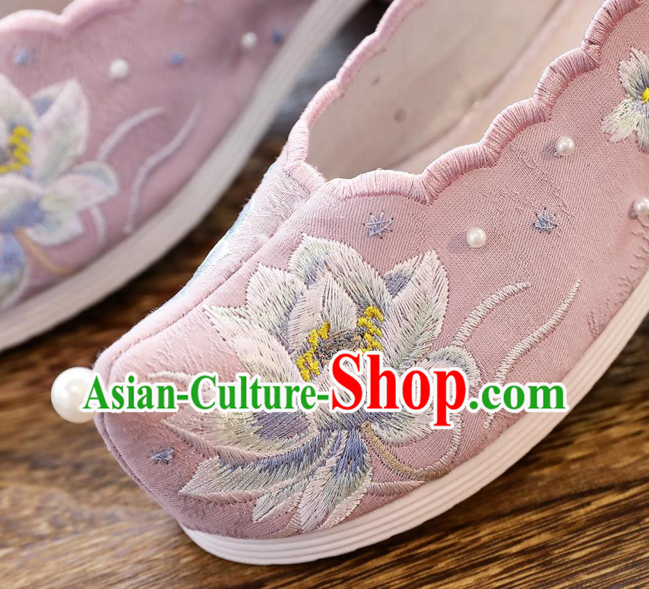 China Traditional Pink Cloth Shoes Classical Embroidered Lotus Shoes Hanfu Bow Shoes China Traditional Pink Cloth Shoes Classical Embroidered Lotus Shoes Hanfu Bow Shoes