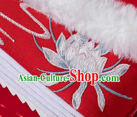 China Ming Dynasty Shoes Classical Winter Red Brocade Shoes Traditional Wedding Hanfu Embroidered Shoes China Ming Dynasty Shoes Classical Winter Red Brocade Shoes Traditional Wedding Hanfu Embroidered Shoes