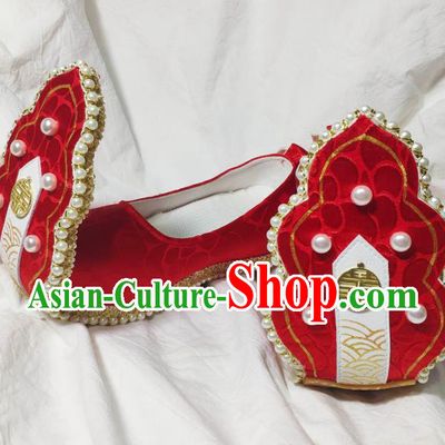China Classical Red Brocade Shoes Hanfu Pearls Shoes Traditional Song Dynasty Wedding Shoes