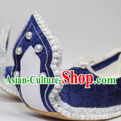 China Tang Dynasty Hanfu Shoes Classical Royalblue Brocade Shoes Traditional Wedding Pearls Shoes