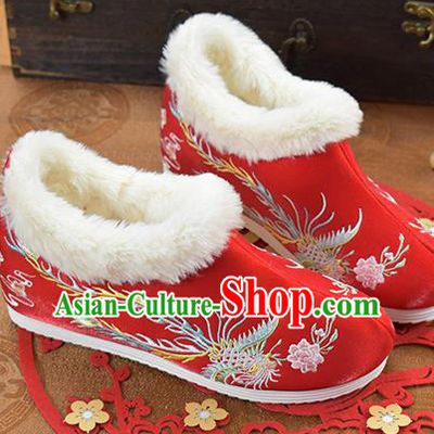 China National Ankle Boots Embroidered Phoenix Red Cloth Shoes Traditional Winter Shoes