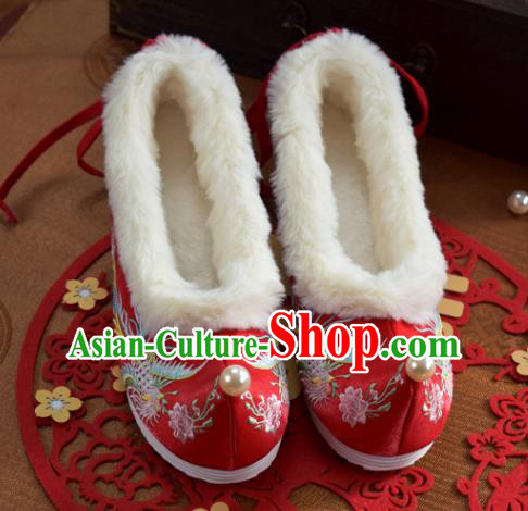 China Traditional Hanfu Shoes National Embroidered Phoenix Red Cloth Shoes Winter Wedding Shoes