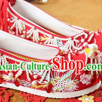 China Wedding Shoes Traditional Hanfu Shoes National Embroidered Phoenix Red Cloth Shoes