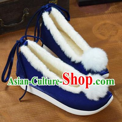 China National Royalblue Cloth Shoes Traditional Hanfu Shoes Winter Venonat Shoes