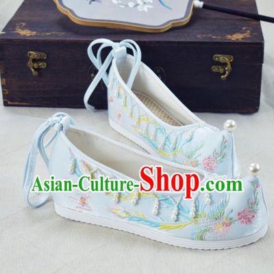 China Women Hanfu Shoes National Embroidered Phoenix Light Blue Cloth Shoes Traditional Wedding Shoes