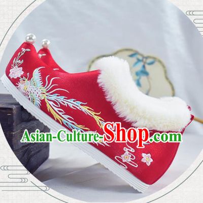 China Traditional Winter Shoes Women Hanfu Shoes National Embroidered Phoenix Shoes Red Cloth Shoes