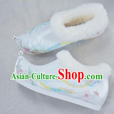 China White Cloth Shoes Traditional Winter Shoes Women Hanfu Shoes National Embroidered Phoenix Shoes