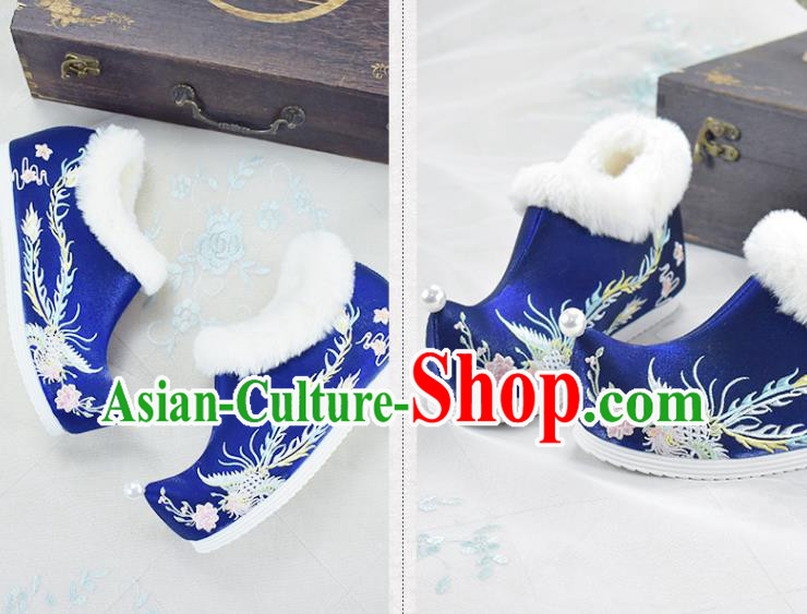China National Embroidered Phoenix Shoes Royalblue Cloth Shoes Traditional Winter Shoes Women Hanfu Shoes China National Embroidered Phoenix Shoes Royalblue Cloth Shoes Traditional Winter Shoes Women Hanfu Shoes