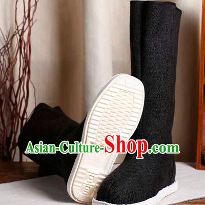 Chinese Handmade Traditional Ming Dynasty Young Hero Black Flax Boots Ancient Swordsman Shoes
