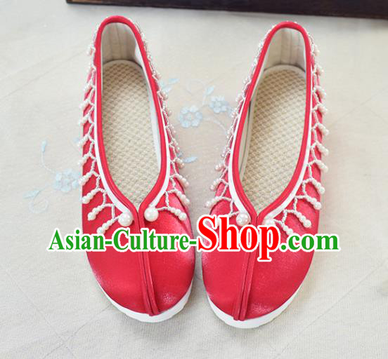 China National Women Beads Tassel Shoes Traditional Hanfu Shoes Wedding Red Satin Shoes China National Women Beads Tassel Shoes Traditional Hanfu Shoes Wedding Red Satin Shoes
