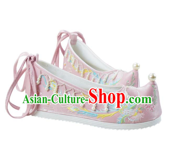 China Traditional Women Hanfu Shoes Pink Embroidered Shoes National Beads Tassel Shoes China Traditional Women Hanfu Shoes Pink Embroidered Shoes National Beads Tassel Shoes