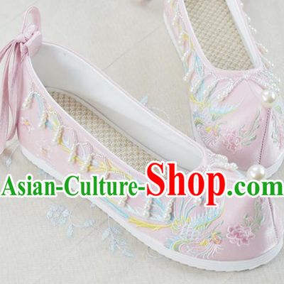 China Traditional Women Hanfu Shoes Pink Embroidered Shoes National Beads Tassel Shoes