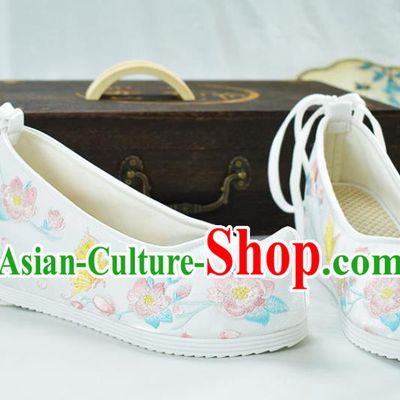 China Women White Cloth Shoes Traditional Hanfu Bow Shoes Embroidered Peach Blossom Shoes National Shoes