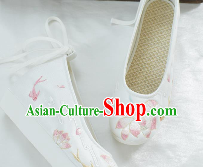 China Women White Satin Shoes Traditional Embroidered Lotus Shoes National Shoes China Women White Satin Shoes Traditional Embroidered Lotus Shoes National Shoes