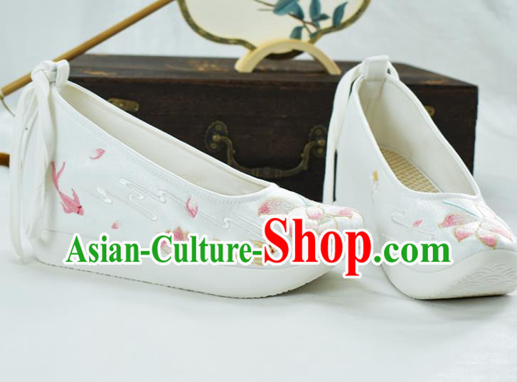 China Women White Satin Shoes Traditional Embroidered Lotus Shoes National Shoes China Women White Satin Shoes Traditional Embroidered Lotus Shoes National Shoes