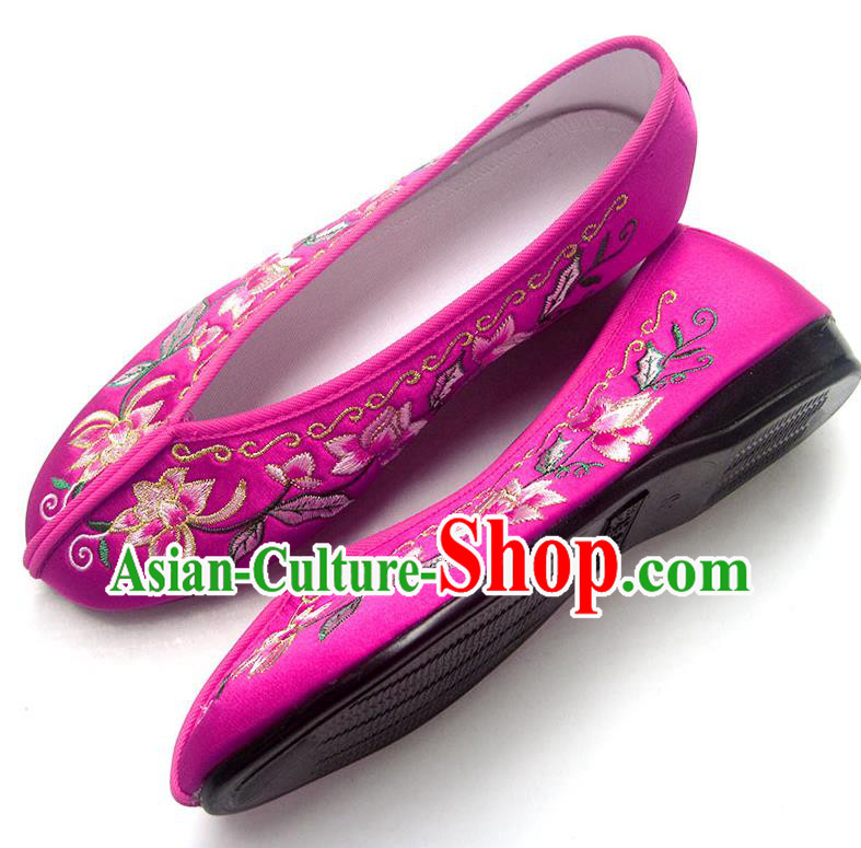 China National Shoes Traditional Rosy Satin Shoes Embroidered Flowers Shoes China National Shoes Traditional Rosy Satin Shoes Embroidered Flowers Shoes