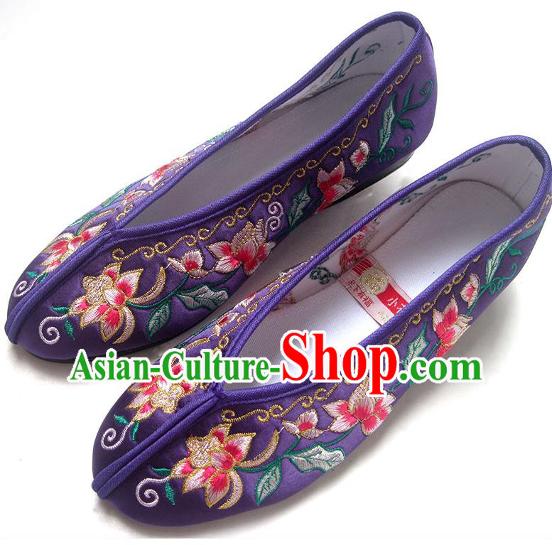 China Traditional Xiu He Purple Satin Shoes Embroidered Flowers Shoes National Wedding Shoes China Traditional Xiu He Purple Satin Shoes Embroidered Flowers Shoes National Wedding Shoes