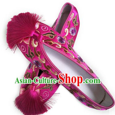 China National Women Shoes Embroidered Plum Blossom Rosy Satin Shoes Traditional Wedding Shoes