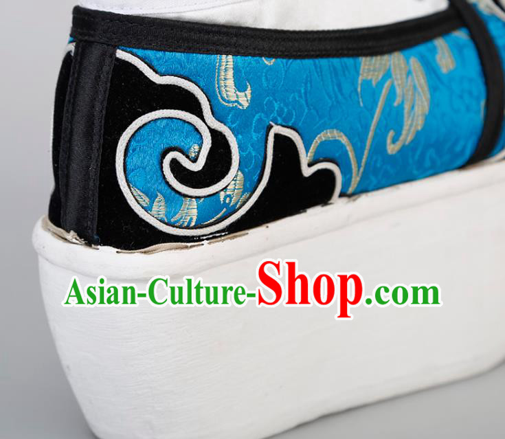 Chinese Traditional Beijing Opera Niche Shoes Handmade Ancient Scholar Blue Brocade Shoes Chinese Traditional Beijing Opera Niche Shoes Handmade Ancient Scholar Blue Brocade Shoes