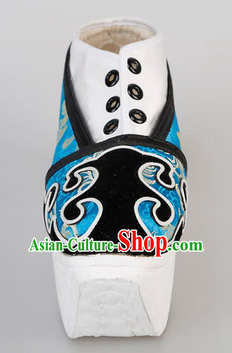 Chinese Traditional Beijing Opera Niche Shoes Handmade Ancient Scholar Blue Brocade Shoes Chinese Traditional Beijing Opera Niche Shoes Handmade Ancient Scholar Blue Brocade Shoes