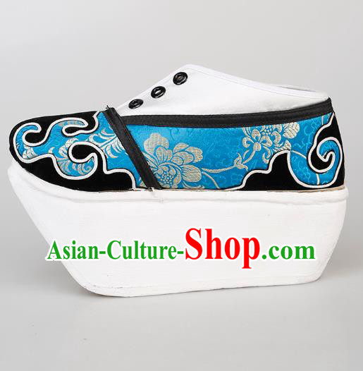 Chinese Traditional Beijing Opera Niche Shoes Handmade Ancient Scholar Blue Brocade Shoes Chinese Traditional Beijing Opera Niche Shoes Handmade Ancient Scholar Blue Brocade Shoes