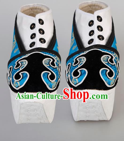 Chinese Traditional Beijing Opera Niche Shoes Handmade Ancient Scholar Blue Brocade Shoes Chinese Traditional Beijing Opera Niche Shoes Handmade Ancient Scholar Blue Brocade Shoes